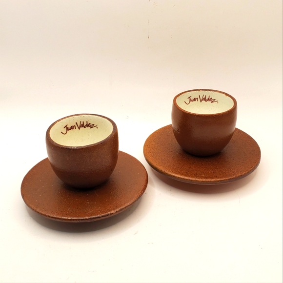 Juan Valdez Rare Handmade Pottery Espresso Cups And Saucers Set of 2 Brown Beige - Picture 1 of 16